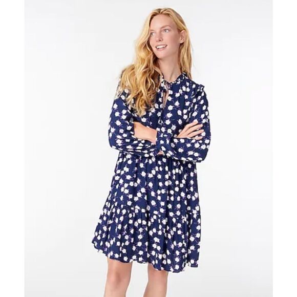 J. Crew Tie-neck tiered dress in scattered peony print Navy White Purple Size Sm - Picture 2 of 11